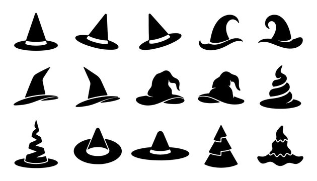 Collection of various black witch hat silhouettes on a white background representing Halloween