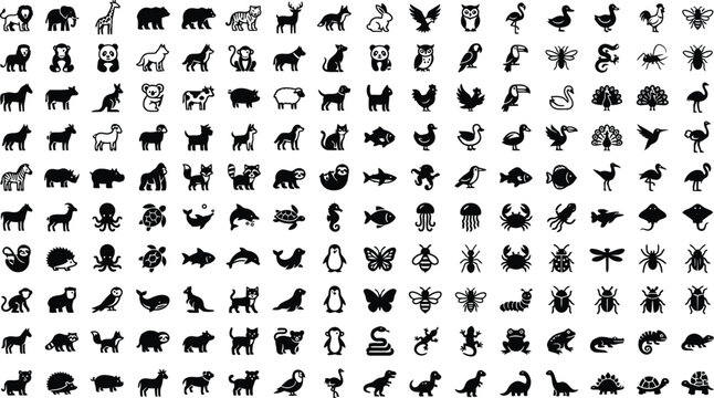 Collection of various animal and nature icons presented in a black and white graphic silhouette