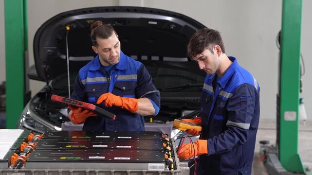 Mechanic technician electric vehicle battery diagnostic maintenance repair workshop, two workers testing high voltage battery pack with multimeter and scan tool in garage, focused teamwork