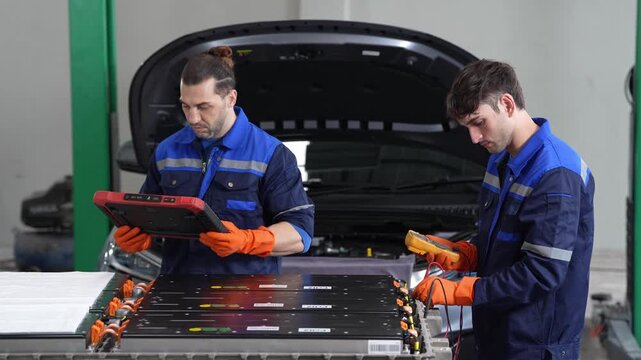 Electric vehicle car battery pack technician mechanic diagnostic multimeter workshop maintenance testing, two male workers repair high voltage cells, check wiring, tablet teamwork in auto garage