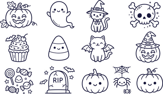 Collection of cute hand drawn halloween icons featuring a playful black and white doodle style silhouette