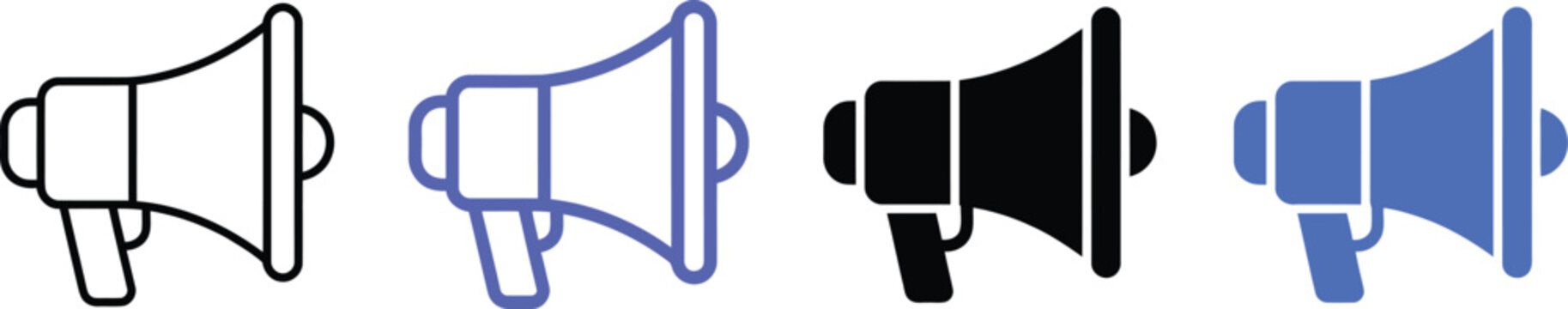 Set of four megaphone icons featuring a minimalist design and a distinctive black graphic silhouette