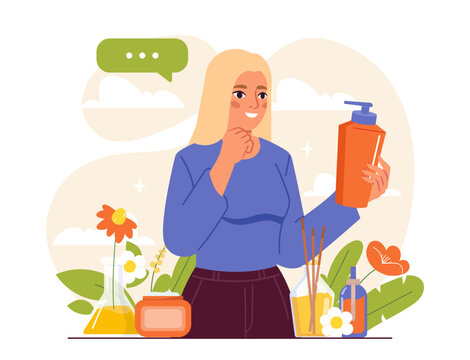 Vector illustration of a woman choosing a cosmetic bottle among skincare products, flowers and botanical elements. Beauty and personal care concept
