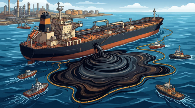 Vector illustration of an industrial oil spill from a large tanker ship into the ocean, featuring containment booms and response boats attempting to mitigate environmental damage.