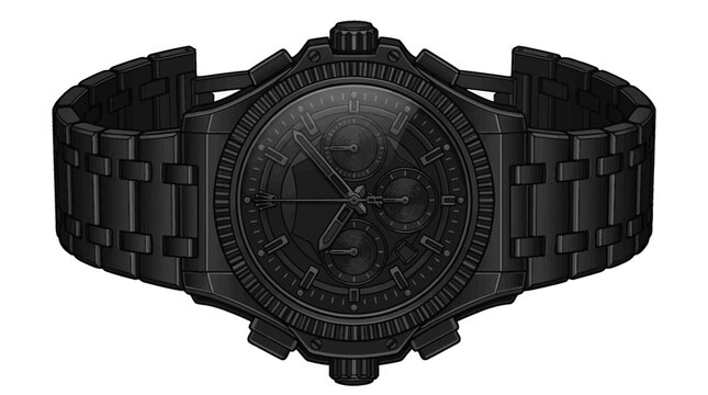 Vector illustration of a matte black luxury chronograph watch featuring three sub-dials, a ridged bezel, and a link metal bracelet, isolated on a white background for design.