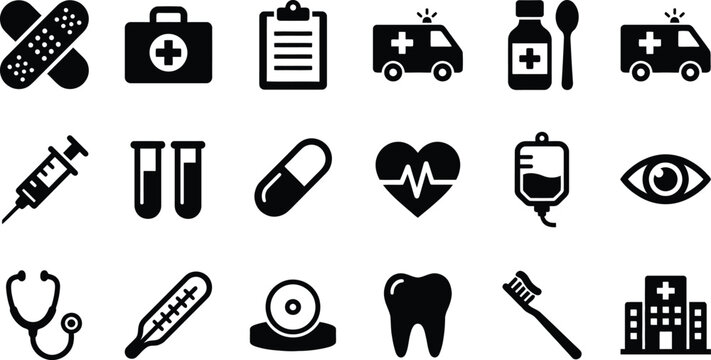 Collection of medical and healthcare equipment icons presented in a clean flat black silhouette