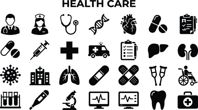 Collection of medical and healthcare icons presented in a clean black and white silhouette
