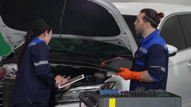Auto mechanic car repair and vehicle diagnostic with tablet, open hood battery testing in workshop, technician teamwork for engine inspection, electrical check, jumper cable and tool case service