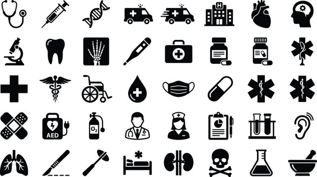 Collection of various medical and healthcare equipment icons presented in a bold black and white silhouette
