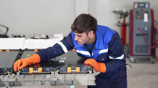 Technician electric vehicle battery pack repair and maintenance workshop with glove safety, man in coverall performing inspection, wiring check, lithium ion module service and quality control