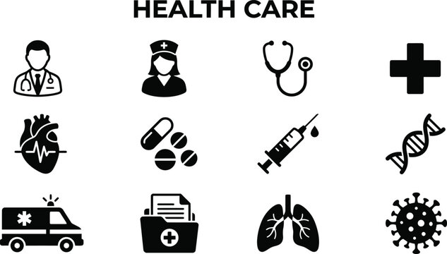 Collection of medical and healthcare icons designed in a clean black and white graphic silhouette