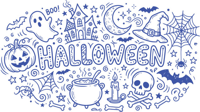 Doodle style halloween holiday background featuring various spooky icons and text in a dark blue silhouette
