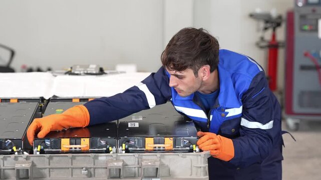 Technician and mechanic perform battery inspection for electric vehicle repair and maintenance in workshop, glove and safety use while inspecting high voltage battery pack on workbench for diagnostics