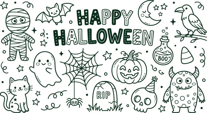 Doodle style happy halloween greeting card design featuring various spooky holiday icons in a black and white silhouette