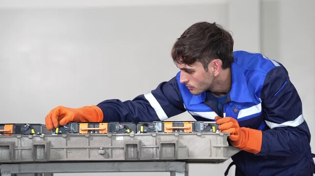 Technician mechanic battery electric vehicle repair maintenance workshop glove inspection, engineer inspecting high voltage battery pack module, adjusting connector during service in garage