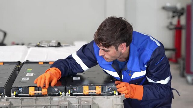 Technician engineer handling lithium battery pack repair and maintenance in electric vehicle workshop, wearing safety glove, inspecting high voltage module for quality control