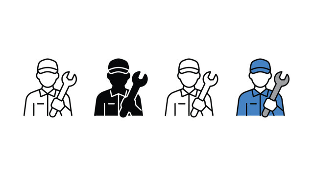Four different colored worker icons with a wrench  workers with tools