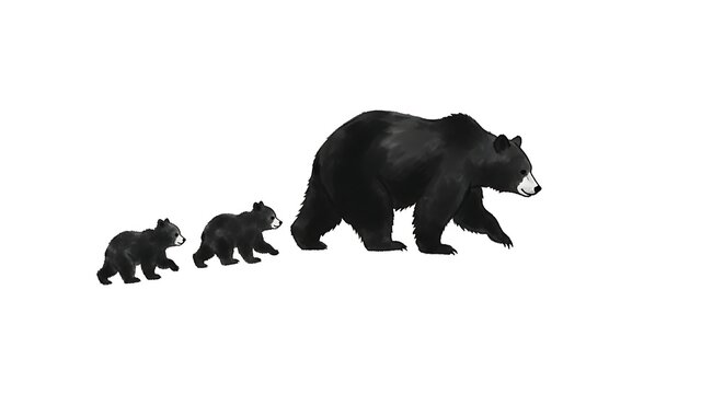 Hand drawn illustration of a mama bear and cubs walking together
