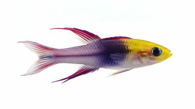 Side view macro studio shot of a vibrant colorful fish with bright yellow head, deep purple body, and magenta fins gracefully swimming against a solid pure seamless white background