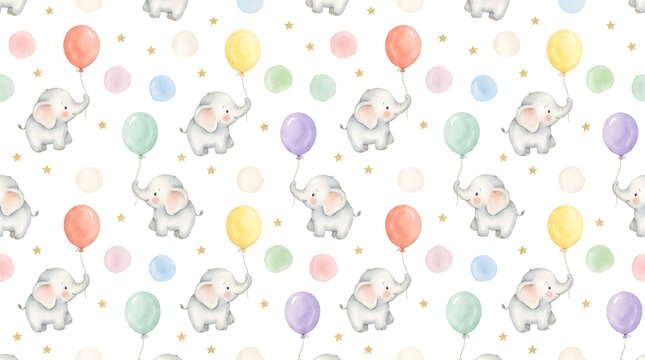 Watercolor baby elephant pattern with balloons. Cute animal nursery wallpaper background.