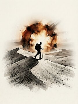 Hiker climbing a mountain made of clouds surreal adventure art