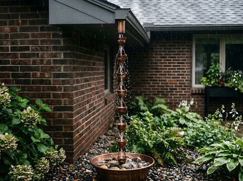 decorative copper rain chain installation | garden rainwater drainage system | outdoor roof gutter alternative | copper rain basin with stones