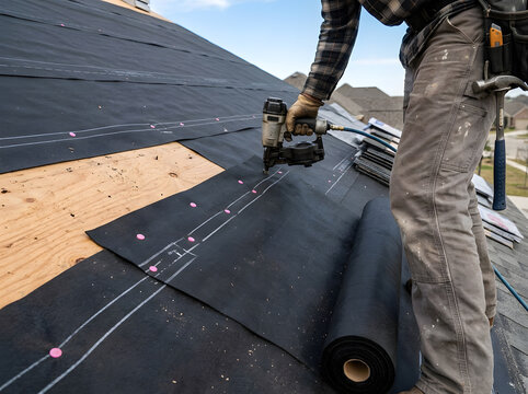 Professional roofing installation service | Installing synthetic roof underlayment | Construction worker using nail gun | Residential roof repair process | Home improvement roofing project