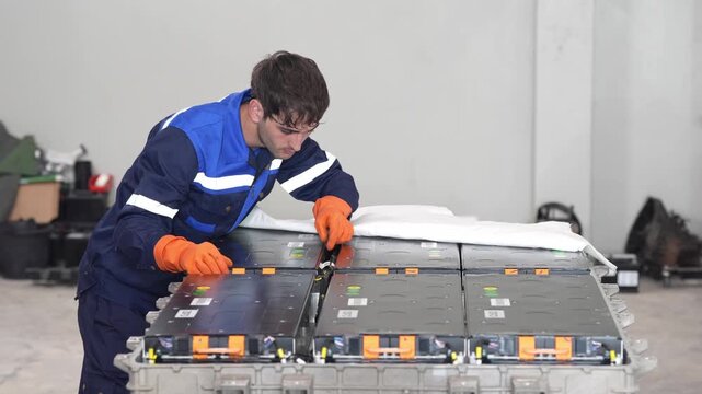 Technician battery module inspection for electric vehicle maintenance and repair, workshop safety focus, protective glove and coverall checking lithium cell pack on high voltage table