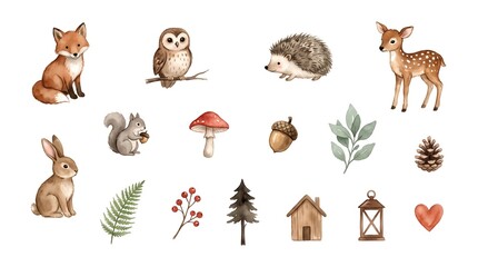 Fototapeta premium Watercolor woodland animals set. Cute forest creatures and nature elements collection.