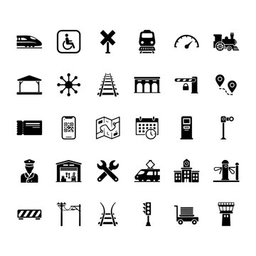 Railway transport and train station vector line icons set.