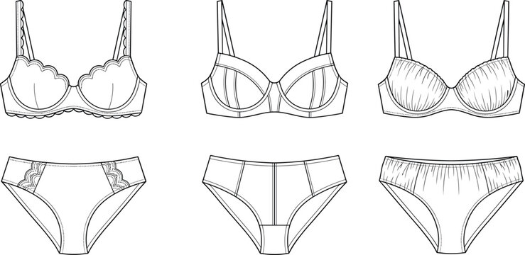 Women lingerie fashion flat technical drawing vector illustration set of bras and panties