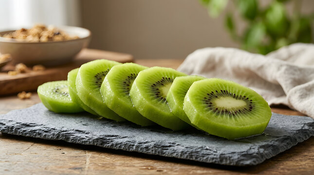 Kiwi fruit slices and healthy breakfast on slate board for nutrition, diet and wellness. Green, organic and fresh food with vitamins, juicy pieces and morning snack for lifestyle balance at home