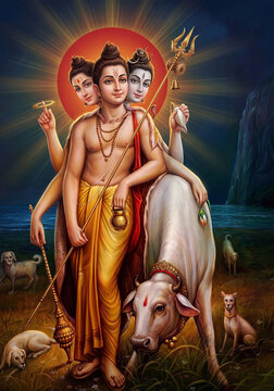 Divine Lord Dattatreya sitting in meditation with sacred cow and dogs, Hindu mythology