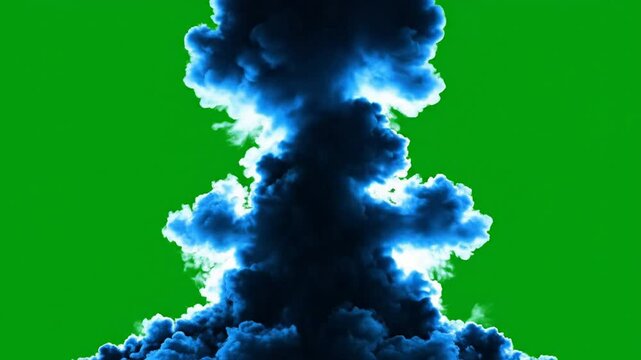 Massive dark smoke explosion isolated on green screen, powerful volcanic eruption or industrial blast special effect for compositing and vfx