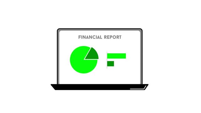 financial report in laptop screen with pie chart and graphic bar