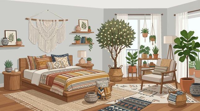 Boho bedroom vector illustration with wooden bed, tribal pillows, macrame wall art, potted indoor plants, string lights on a tree, armchair, and patterned rugs in earth tones.