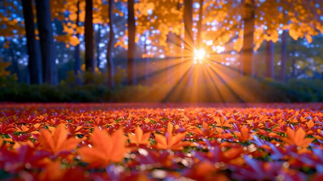 Colorful autumn maple leaves glowing in warm sunrise light, capturing the beauty of the fall season, nature, tranquility, changing foliage, and a peaceful woodland landscape.