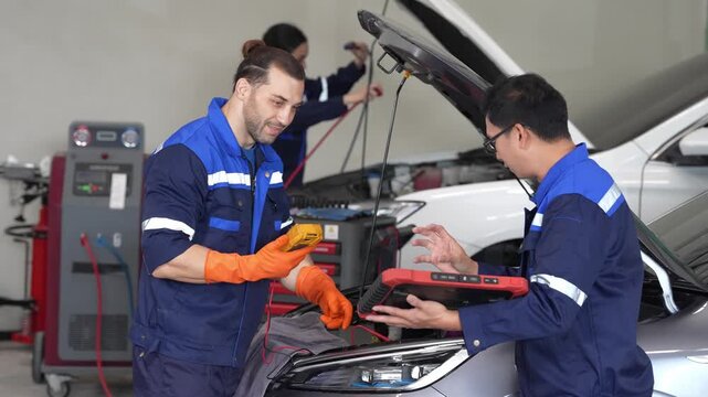 Mechanic automobile repair workshop diagnostic engine battery test using multimeter and scanner, technician teamwork inspecting car electrical system with open hood, safety check in garage