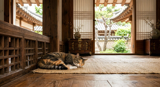 Un gato coreano de pelo corto descansa dentro de un hanok.