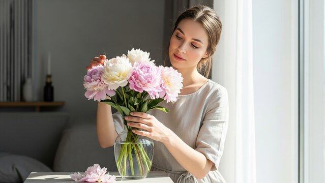 Beautiful Young Woman Arranging Fresh Pink Peonies At Home