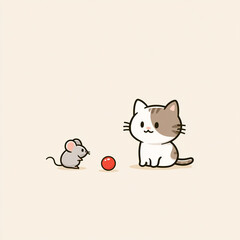 Fototapeta premium Cute Baby Cat and Mouse Cartoon Mascot Playing with Yarn Vector Illustration