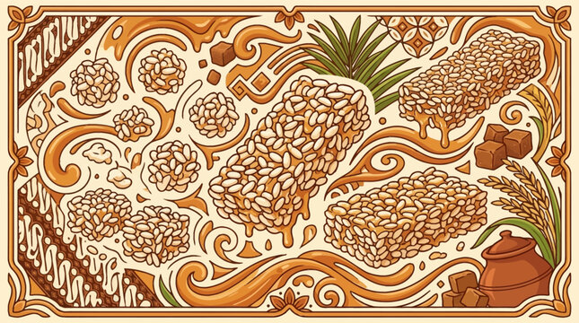 Traditional Indonesian Jipang puffed rice snack vector illustration featuring crunchy rectangular and ball shapes, sweet caramel swirls, rice stalks, palm sugar cubes, and batik motifs.