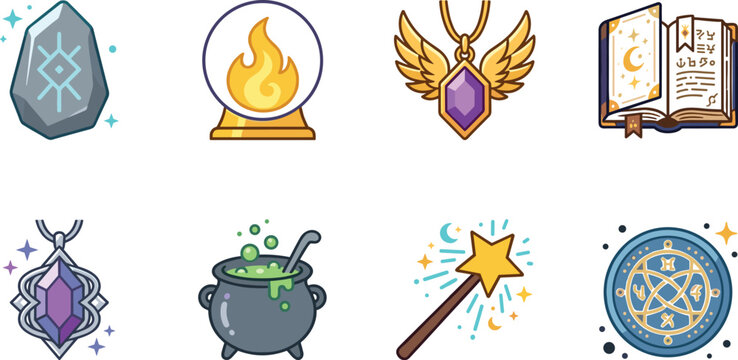 Colorful Fantasy Magic Icons with Crystals, Spellbook, and Mystical Symbols Vector