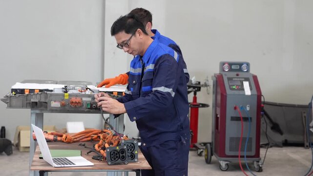 Technician engineer workshop battery electric vehicle diagnostic laptop cable testing connector, high voltage power pack maintenance on workbench, team repair, charging system recording