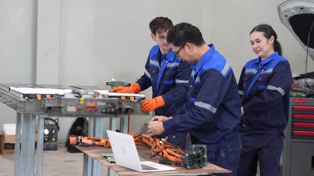 Technician electric vehicle battery workshop maintenance and repair, high voltage cable testing with laptop on workbench, team diagnostics of battery pack and wiring harness in garage service bay