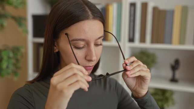 Young woman adjusting glasses with both hands near face in studio, seated by bookshelf and potted plant; study concentration focus.