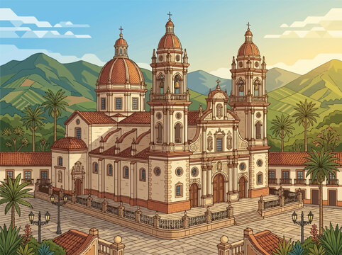 Vector illustration of San Francisco Javier Church in Piedecuesta, Santander, Colombia, featuring colonial architecture, bell towers, red dome, palm trees, and mountain landscape.