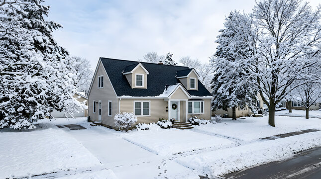 suburban house in winter snow | residential home with snow covered trees | cozy family house winter landscape | american neighborhood winter scene