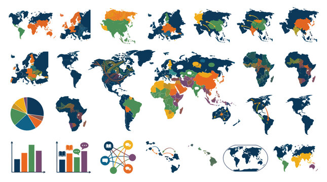Global Data Analytics Flat Vector Illustration featuring World Maps, Charts, and Network Diagrams for Business