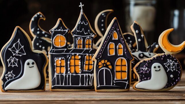 Halloween themed decorated cookies with spooky designs and ghost shapes